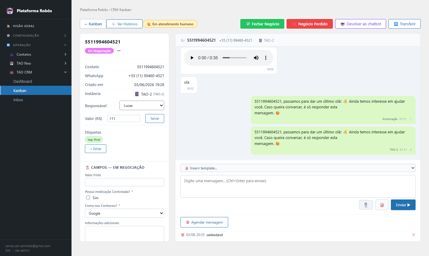 TAO CRM — Card aberto com chat WhatsApp nativo integrado