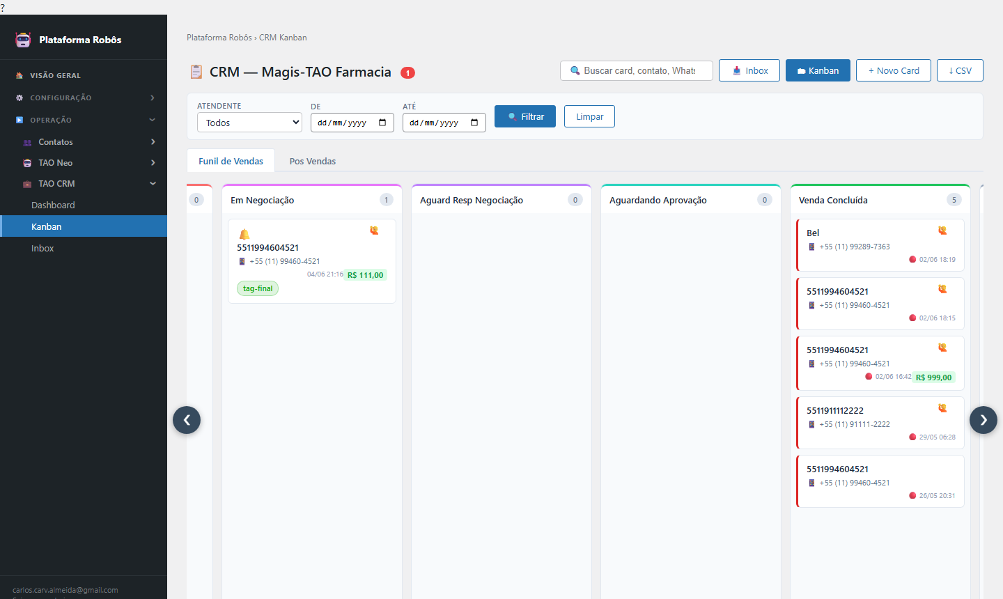 TAO CRM — Kanban com funil de vendas e cards por fase